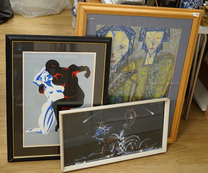 Three works to include: Tanton, two figures, signed and dated '87 and an abstract figural pastel, indistinctly signed, largest 61 x 45cm